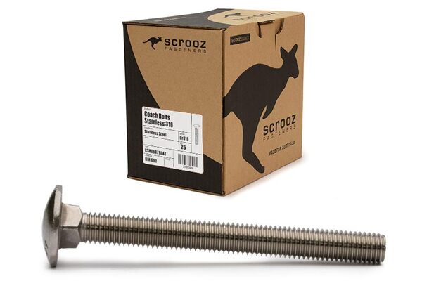 M12 x 200mm Coach Bolts Stainless 316 box 25